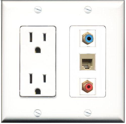 RiteAV - 15 Amp Power Outlet 1 Port RCA Red 1 Port RCA Blue 1 Port Phone Beige Decorative Wall Plate