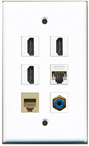 RiteAV - 3 HDMI 1 Port RCA Blue 1 Port Phone RJ11 RJ12 Beige 1 Port Cat5e Ethernet White Wall Plate