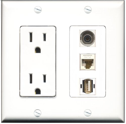 RiteAV - 15 Amp Power Outlet 1 Port USB A-A 1 Port 3.5mm 1 Port Cat6 Ethernet Ethernet White Decorative Wall Plate