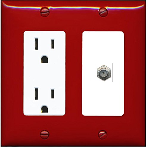 RiteAV - 15 Amp Power Outlet and 1 Port Coax Cable TV- F-Type Decorative Type Wall Plate - Red/White