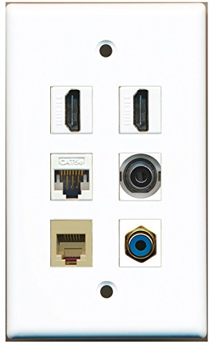 RiteAV - 2 HDMI 1 Port RCA Blue 1 Port Phone RJ11 RJ12 Beige 1 Port 3.5mm 1 Port Cat5e Ethernet White Wall Plate