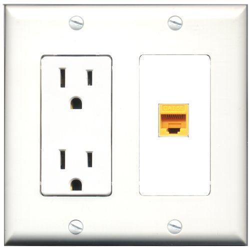 RiteAV - 15 Amp Power Outlet and 1 Port Cat5e Ethernet Yellow Decorative Type Wall Plate White