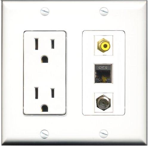 RiteAV - 15 Amp Power Outlet 1 Port RCA Yellow 1 Port Coax 1 Port Shielded Cat6 Ethernet Ethernet Decorative Wall Plate
