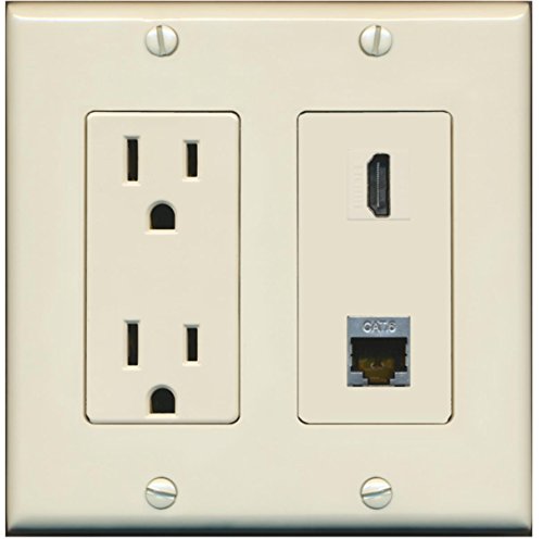 RiteAV - 15 Amp Power Outlet and 1 Port HDMI and 1 Port Shielded Cat6 Ethernet Decorative Type Wall Plate - Light Almond