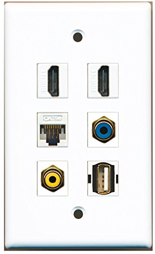RiteAV - 2 HDMI 1 Port RCA Yellow 1 Port RCA Blue 1 Port USB A-A 1 Port Cat5e Ethernet White Wall Plate