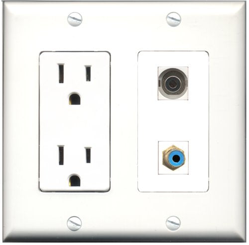 RiteAV - 15 Amp Power Outlet and 1 Port RCA Blue and 1 Port 3.5mm Decorative Type Wall Plate White