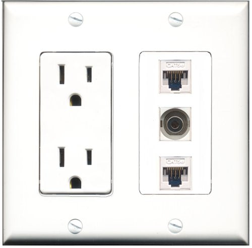 RiteAV - 15 Amp Power Outlet 1 Port 3.5mm 2 Port Cat5e Ethernet White Decorative Wall Plate