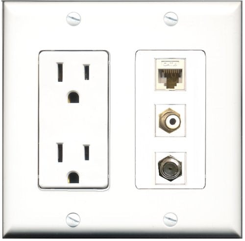 RiteAV - 15 Amp Power Outlet 1 Port RCA White 1 Port Coax 1 Port Cat6 Ethernet Ethernet White Decorative Wall Plate