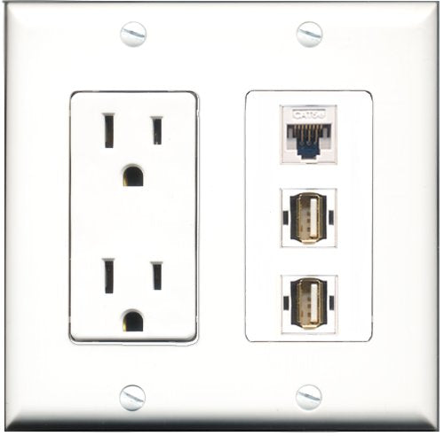 RiteAV - 15 Amp Power Outlet 2 Port USB A-A 1 Port Cat5e Ethernet White Decorative Wall Plate