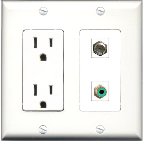 RiteAV - 15 Amp Power Outlet and 1 Port RCA Green and 1 Port Coax Cable TV- F-Type Decorative Type Wall Plate White
