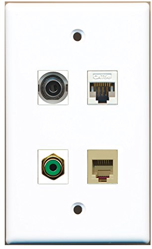 RiteAV - 1 Port RCA Green 1 Port Phone RJ11 RJ12 Beige 1 Port 3.5mm 1 Port Cat5e Ethernet White Wall Plate