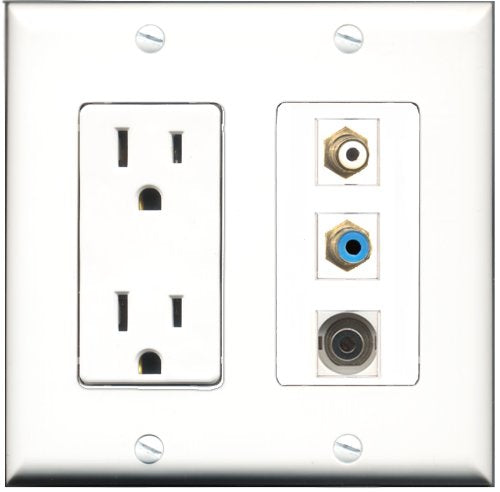 RiteAV - 15 Amp Power Outlet 1 Port RCA White 1 Port RCA Blue 1 Port 3.5mm Decorative Wall Plate