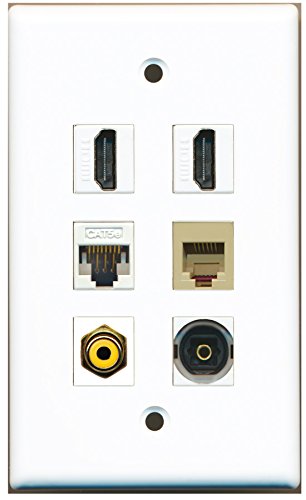 RiteAV - 2 HDMI 1 Port RCA Yellow 1 Port Phone RJ11 RJ12 Beige 1 Port Toslink 1 Port Cat5e Ethernet White Wall Plate