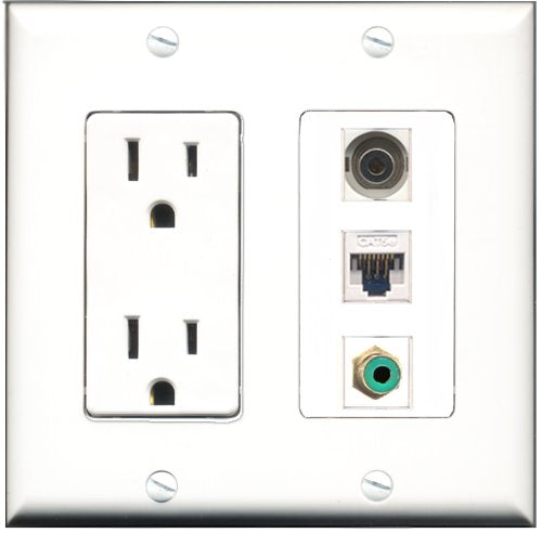 RiteAV - 15 Amp Power Outlet 1 Port RCA Green 1 Port 3.5mm 1 Port Cat5e Ethernet White Decorative Wall Plate