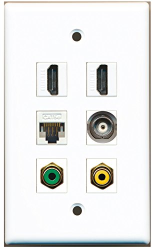 RiteAV - 2 HDMI 1 Port RCA Yellow 1 Port RCA Green 1 Port BNC 1 Port Cat5e Ethernet White Wall Plate
