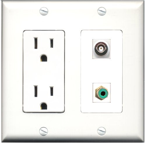 RiteAV - 15 Amp Power Outlet and 1 Port RCA Green and 1 Port BNC Decorative Type Wall Plate White