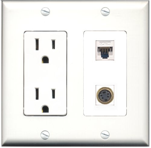 RiteAV - 15 Amp Power Outlet and 1 Port S-Video and 1 Port Cat5e Ethernet White Decorative Type Wall Plate White