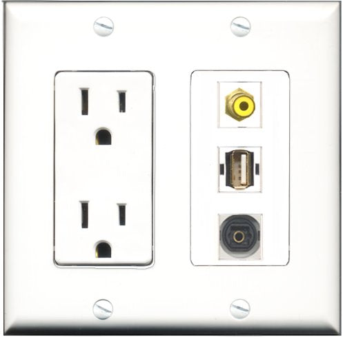 RiteAV - 15 Amp Power Outlet 1 Port RCA Yellow 1 Port USB A-A 1 Port Toslink Decorative Wall Plate