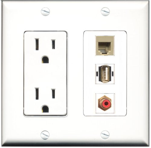 RiteAV - 15 Amp Power Outlet 1 Port RCA Red 1 Port USB A-A 1 Port Phone Beige Decorative Wall Plate