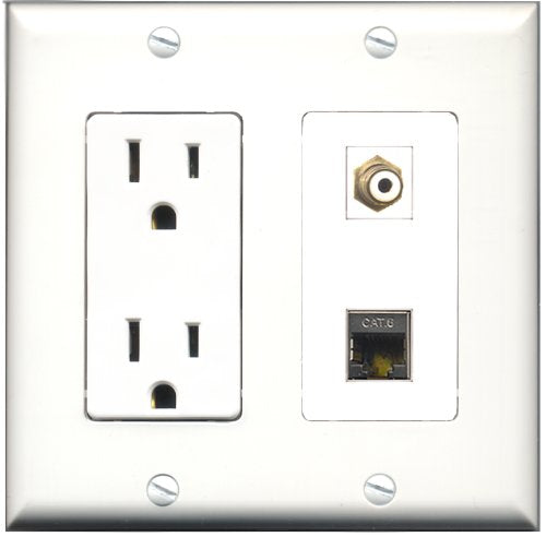 RiteAV - 15 Amp Power Outlet and 1 Port RCA White and 1 Port Shielded Cat6 Ethernet Decorative Type Wall Plate White