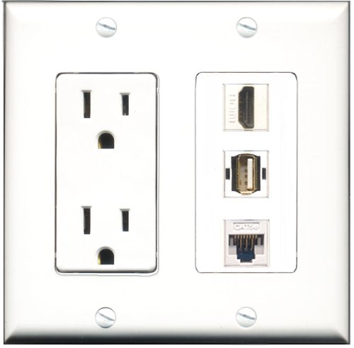 RiteAV - 15 Amp Power Outlet 1 Port HDMI 1 Port USB A-A 1 Port Cat5e Ethernet White Decorative Wall Plate