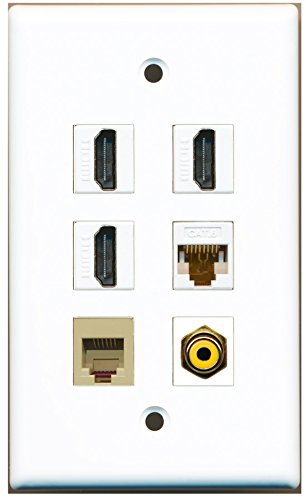 RiteAV - 3 HDMI 1 Port RCA Yellow 1 Port Phone RJ11 RJ12 Beige 1 Port Cat6 Ethernet White Wall Plate