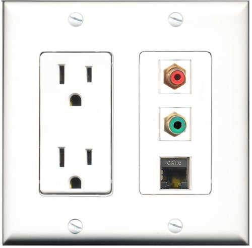 RiteAV - 15 Amp Power Outlet 1 Port RCA Red 1 Port RCA Green 1 Port Shielded Cat6 Ethernet Ethernet Decorative Wall Plate