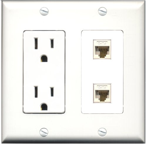 RiteAV - 15 Amp Power Outlet 2 Port Cat6 Ethernet White Decorative Wall Plate