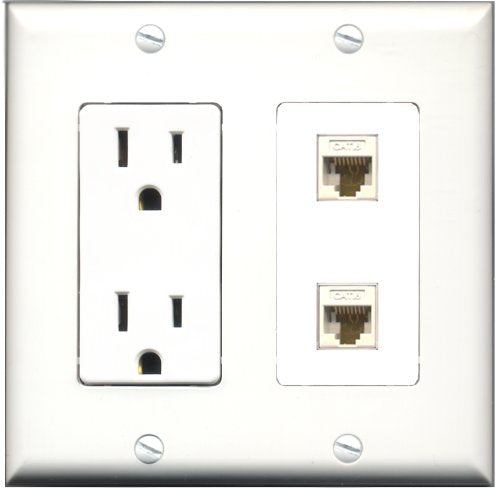 RiteAV - 15 Amp Power Outlet 2 Port Cat6 Ethernet White Decora Type Wall Plate White