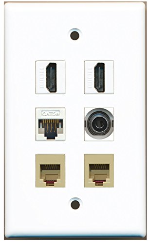 RiteAV - 2 HDMI 2 Port Phone RJ11 RJ12 Beige 1 Port 3.5mm 1 Port Cat5e Ethernet White Wall Plate