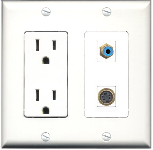 RiteAV - 15 Amp Power Outlet and 1 Port RCA Blue and 1 Port S-Video Decorative Type Wall Plate White