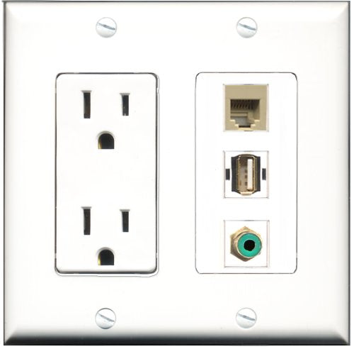 RiteAV - 15 Amp Power Outlet 1 Port RCA Green 1 Port USB A-A 1 Port Phone Beige Decorative Wall Plate