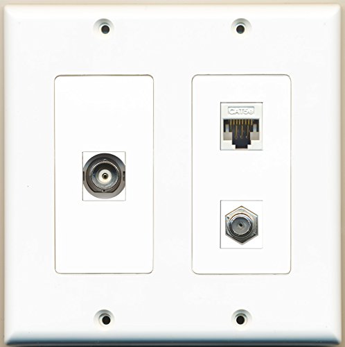 RiteAV - 1 Port Coax Cable TV- F-Type 1 Port BNC 1 Port Cat5e Ethernet White - 2 Gang Wall Plate