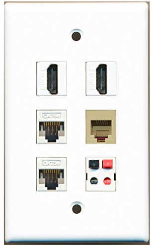 RiteAV - 2 HDMI 1 Port Phone RJ11 RJ12 Beige 2 Port Cat5e Ethernet White 1 Port Speaker Wall Plate