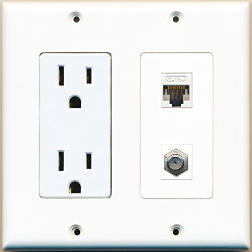 RiteAV - 2 x 15 Amp 125V Power Outlet 1 x Cat5e Ethernet and 1 x Coax Cable TV Port Wall Plate White