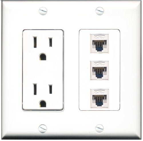 RiteAV - 15 Amp Power Outlet 3 Port Cat5e Ethernet White Decorative Wall Plate