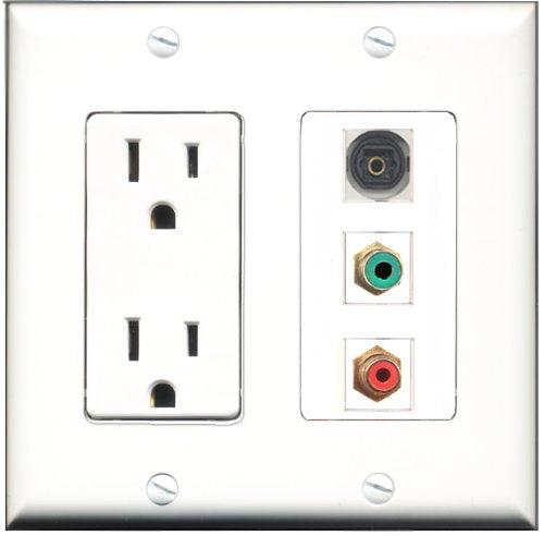 RiteAV - 15 Amp Power Outlet 1 Port RCA Red 1 Port RCA Green 1 Port Toslink Decorative Wall Plate