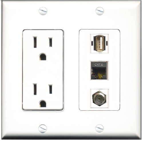 RiteAV - 15 Amp Power Outlet 1 Port Coax 1 Port USB A-A 1 Port Shielded Cat6 Ethernet Ethernet Decorative Wall Plate