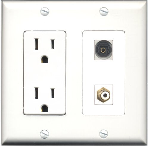 RiteAV - 15 Amp Power Outlet and 1 Port RCA White and 1 Port Toslink Decorative Type Wall Plate White