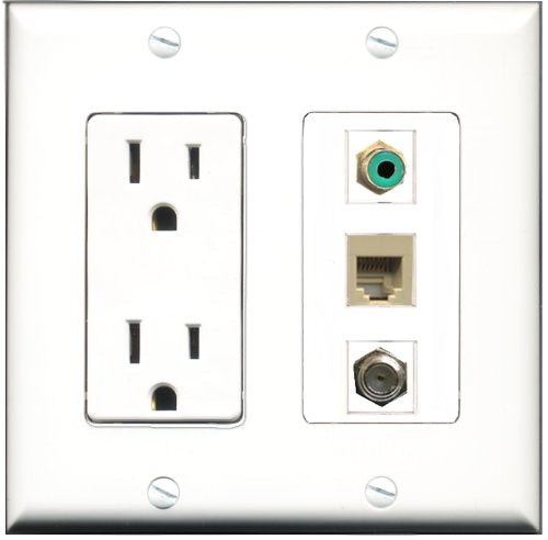 RiteAV - 15 Amp Power Outlet 1 Port RCA Green 1 Port Coax 1 Port Phone Beige Decorative Wall Plate