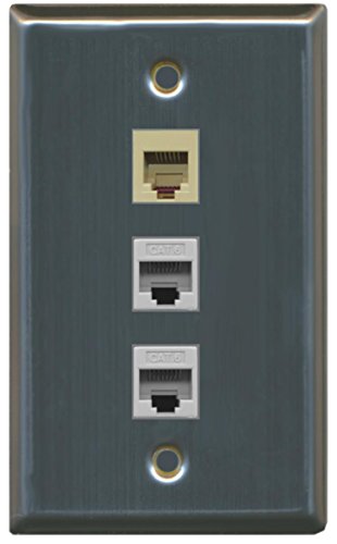 RiteAV - 1 Port Phone RJ11 RJ12 Beige 2 Port Cat6 Ethernet Wall Plate - Stainless Steel