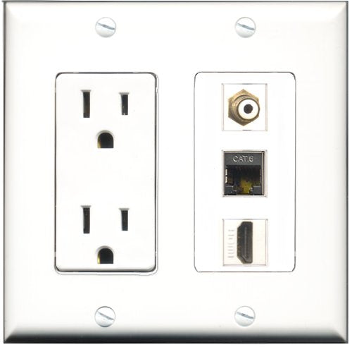 RiteAV - 15 Amp Power Outlet 1 Port HDMI 1 Port RCA White 1 Port Shielded Cat6 Ethernet Ethernet Decorative Wall Plate
