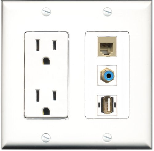 RiteAV - 15 Amp Power Outlet 1 Port RCA Blue 1 Port USB A-A 1 Port Phone Beige Decorative Wall Plate