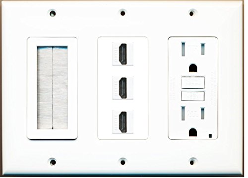 RiteAV - (3 Gang) 15A GFCI Outlet Mesh-Brush 3 HDMI Wall Plate White