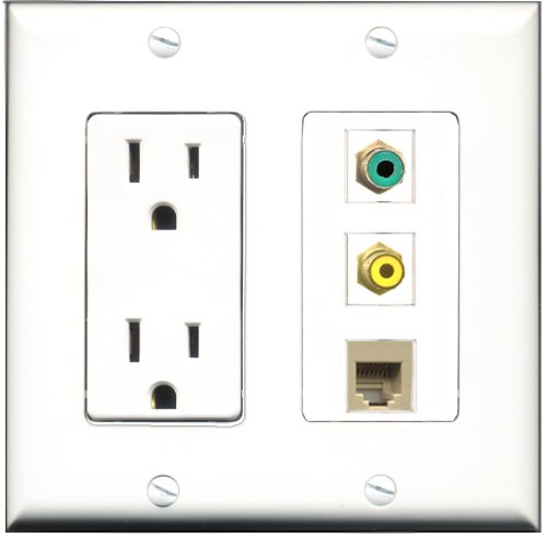 RiteAV - 15 Amp Power Outlet 1 Port RCA Yellow 1 Port RCA Green 1 Port Phone Beige Decorative Wall Plate