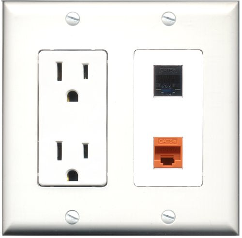 RiteAV - 15 Amp Power Outlet and 1 Port Cat5e Ethernet Black and 1 Port Cat5e Ethernet Orange Decorative Type Wall Plate White