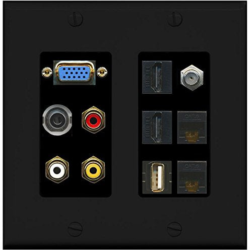 RiteAV - (2 Gang Decorative) Svga Composite 3.5mm USB 2 HDMI Coax 2 Cat6 Wall Plate Black