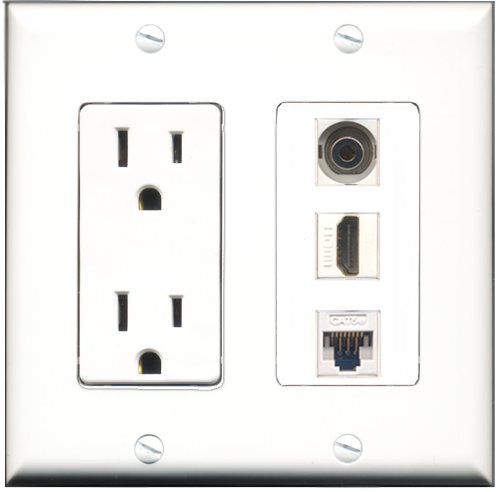 RiteAV - 15 Amp Power Outlet 1 Port HDMI 1 Port 3.5mm 1 Port Cat5e Ethernet White Decorative Wall Plate