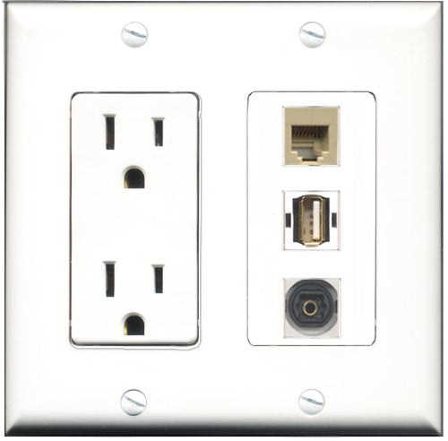 RiteAV - 15 Amp Power Outlet 1 Port USB A-A 1 Port Phone Beige 1 Port Toslink Decorative Wall Plate