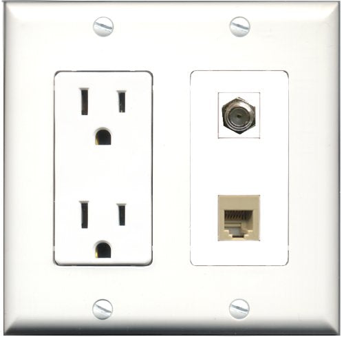 RiteAV - 15 Amp Power Outlet and 1 Port Coax Cable TV- F-Type and 1 Port Phone RJ11 RJ12 Beige Decorative Type Wall Plate White